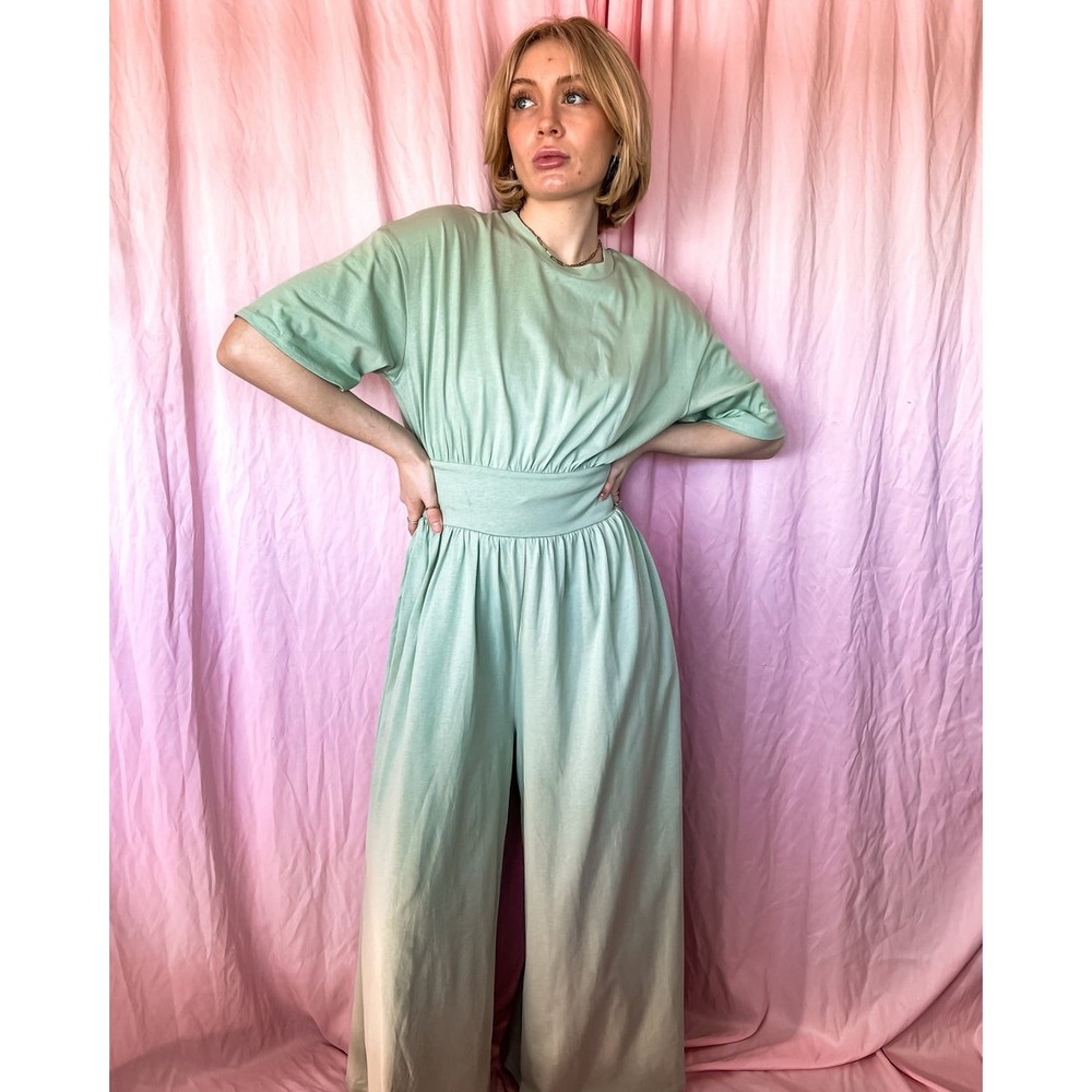 Storia Sage Green Wide Leg Jumpsuit Short Sleeve Crew Neck Pocket JJ4587 Small